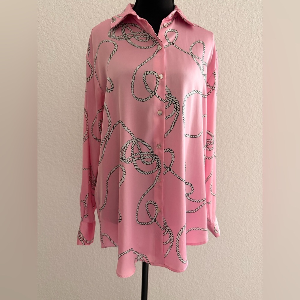 ZARA Satin Pink Rope & Chain Print Button Down Shirt | Nautical Chic